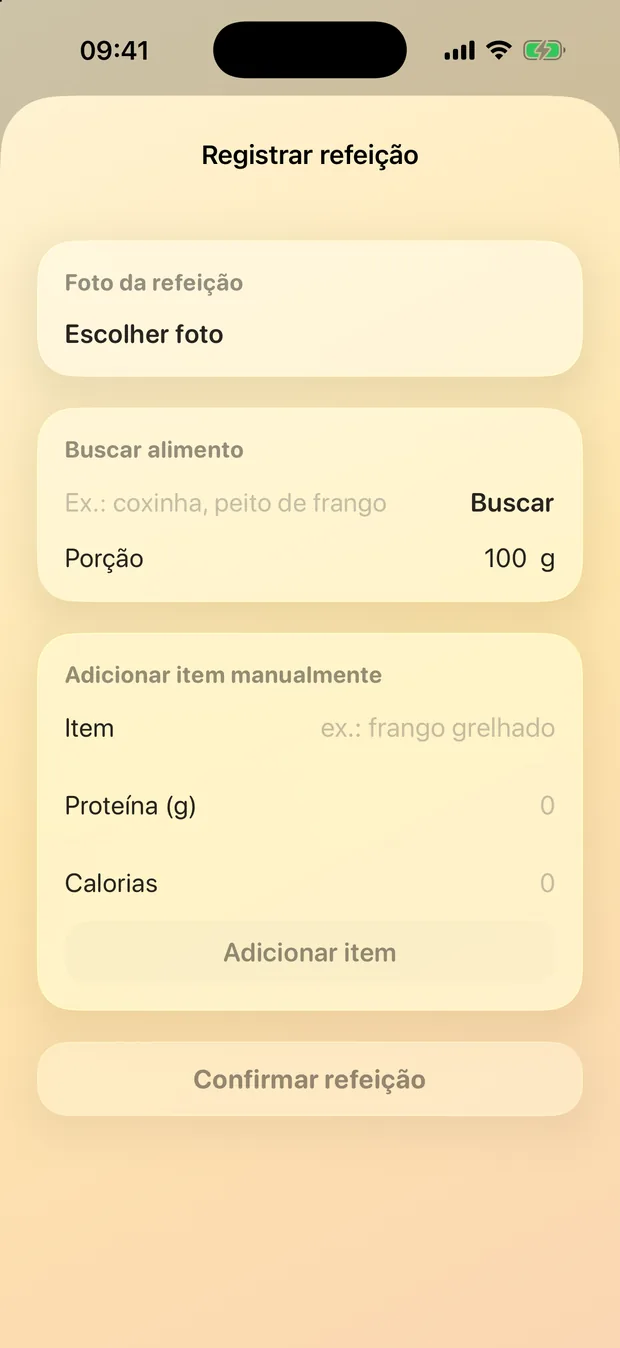 Tela do YolkHatch: Registrar refeição